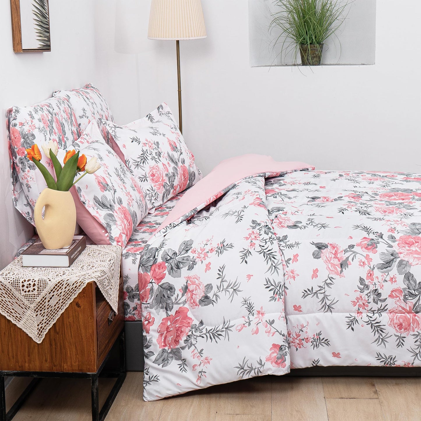lasoftan Floral King Comforter Set with Sheets, 7 piece Luxury Vintage Bedding, Soft Microfiber Bed in a Bag, Cozy Lightweight Bed Set, Pink Flower Grey Leaf