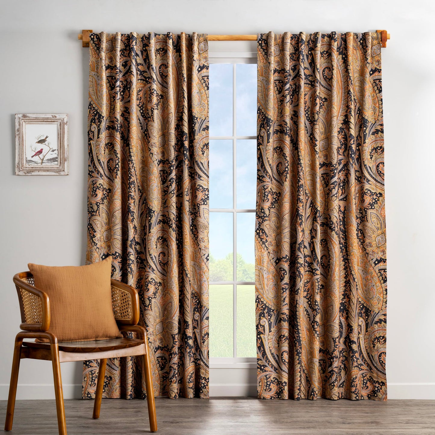 Maison d' Hermine Curtains for Living Room 100% Cotton 96 inch Length One Panel Light Filtering Curtains for Windows with Rod and Loop Pockets (Kashmir Paisley - Graphite, 50" W x 96" L)