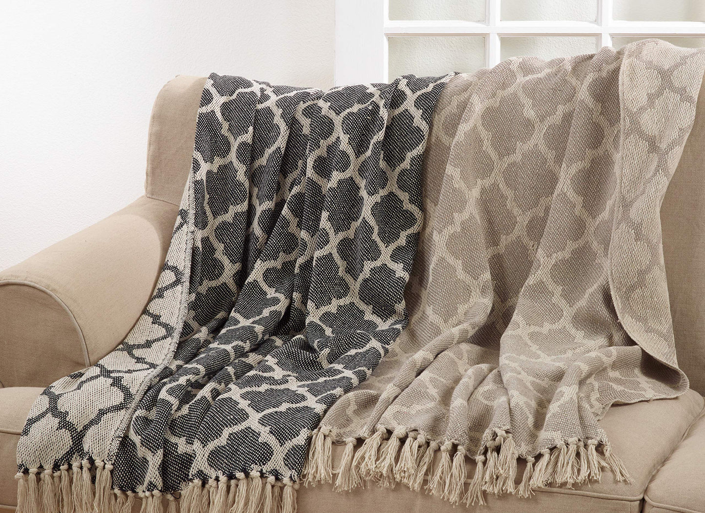 SARO LIFESTYLE Sevan Collection Moroccan Tile Cotton Throw, 50" x 60", Grey