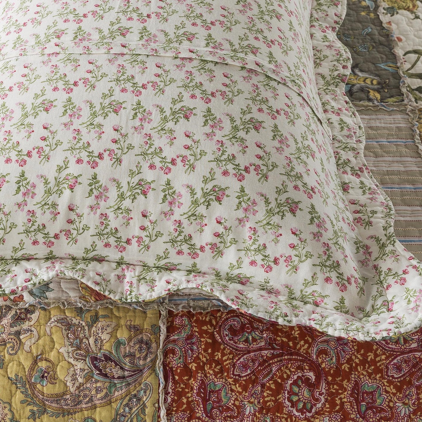 Etwel Patchwork Quilt Set Queen Size, 100% Cotton Bedspread, Reversible Lightweight Comforter Set with 2 Pillow Shams for All Seasons, Floragrid Beige, Queen Size 90"x90"