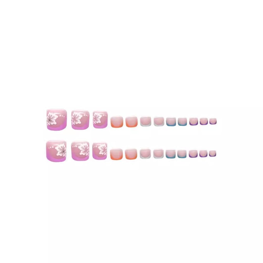48Pcs Hrnsnails Long Square Press On Nails and French Tip Press On Toenails, Girls Fake Nails with 3D Silver Butterfly White Flowers Design, Acrylic Artificial False Stick On Nails for Women