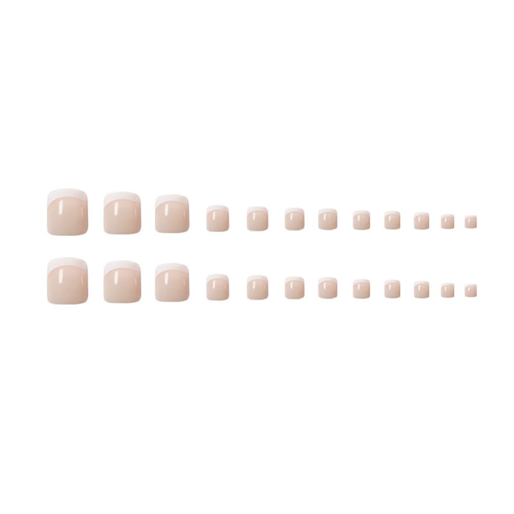 CEWEWP 24 Pcs Skin Tone Press on Toenails Fake Toe Nail Nude White French Tip Sticker with Glue Summer Full Cover False Fashion Square Short Removable Acrylic Nails for Women Manicure Decor