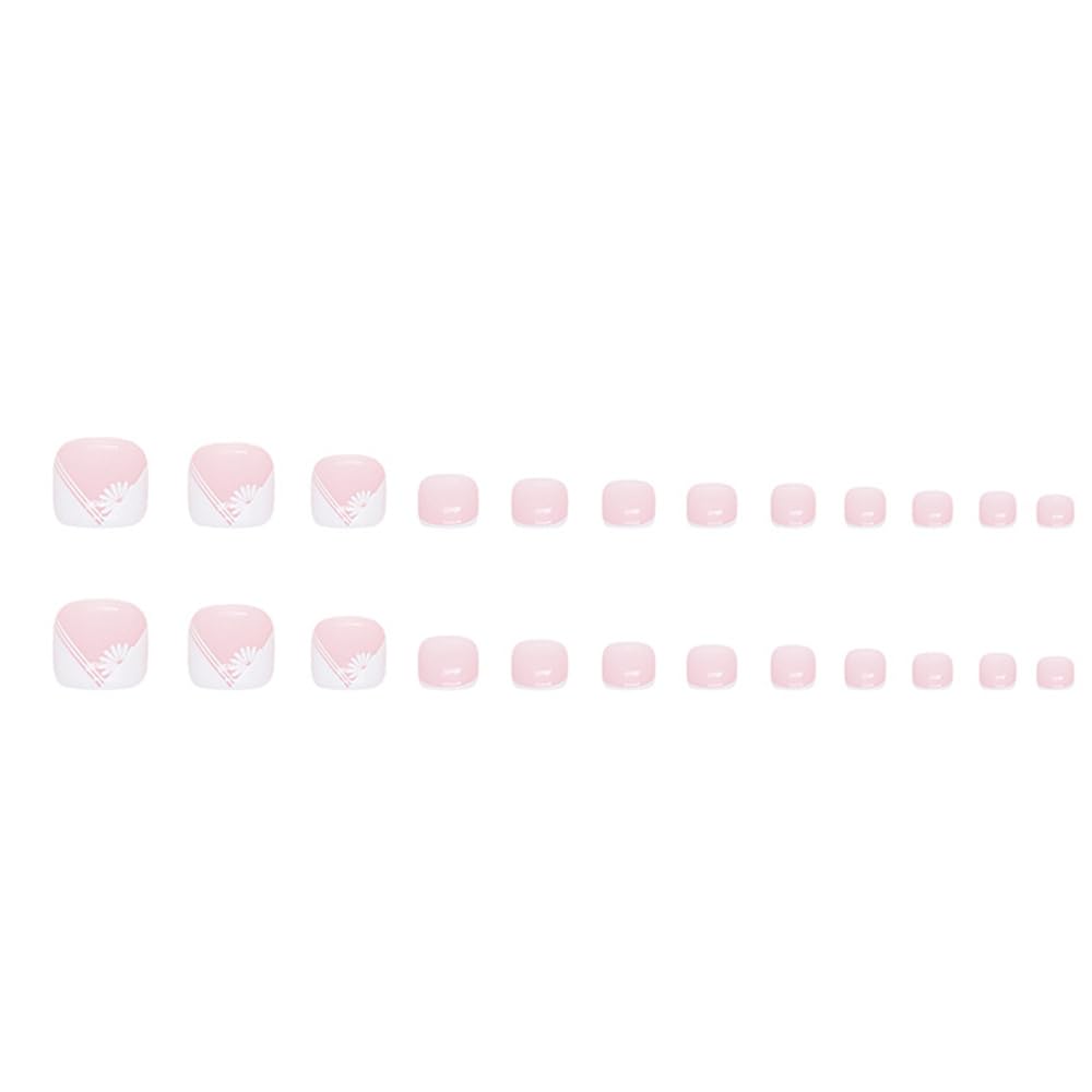 24Pcs French Tip Press On Short Square Coffin Full Cover Reusable Toenails With Glue Stick - White Daisy Designs Acrylic Summer False Toe Static Nails for Women