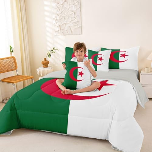 Feelyou Flag of Algeria Comforter Set King SizeAlgerian 7 Pcs Bedding for Kids and AdultsInternational Flag Boys Girls Bed in a Bag Bed Sheet Sets with Fitted Sheet Pillowcases for Bedroom Bed Decor