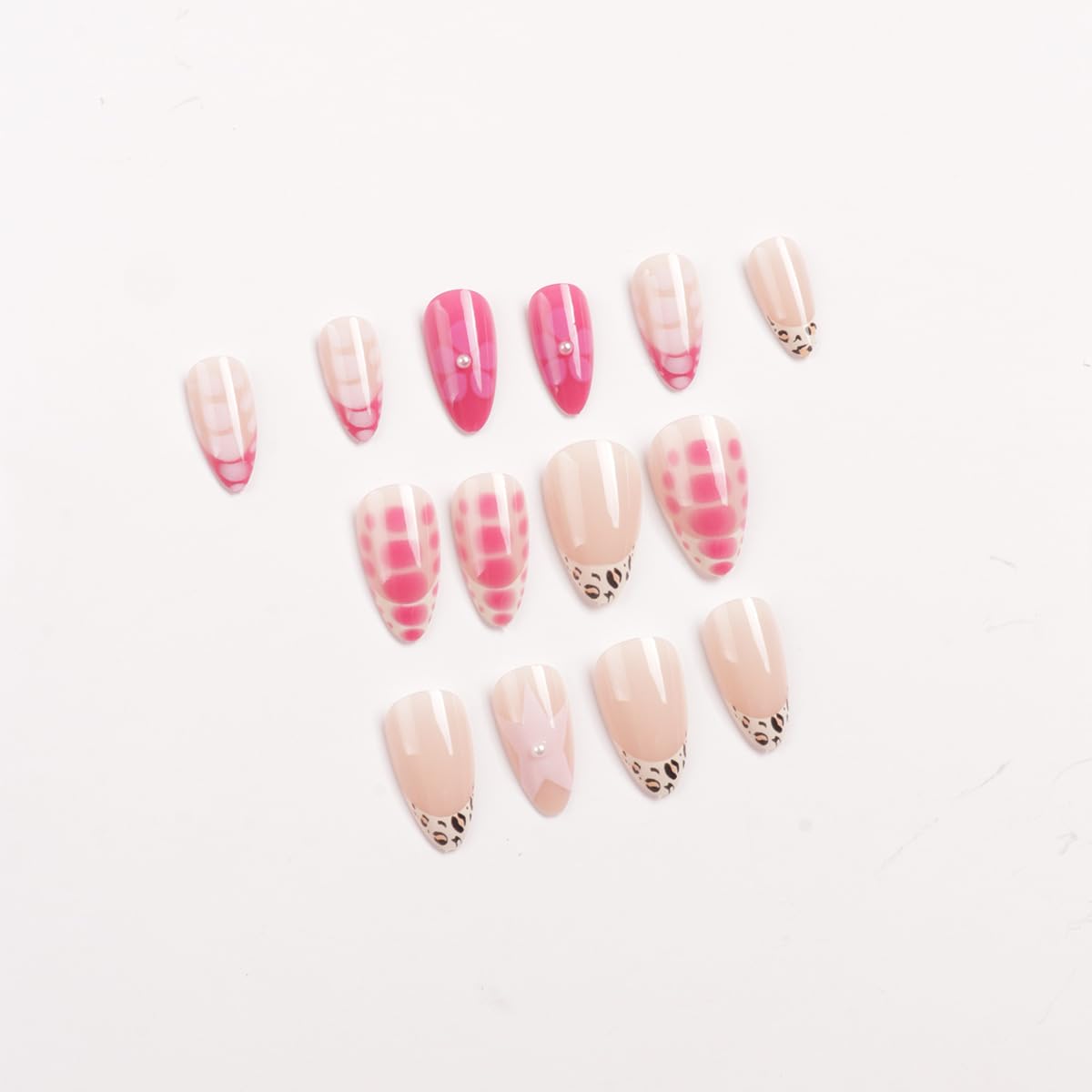 24Pcs Pink Press on Nails Short Almond Fake Nails Star Flower with Leopard French Tip Stick on Acrylic Nails Reusable Glossy Full Cover Glue on Nails Floral False Nails for Women Decorations