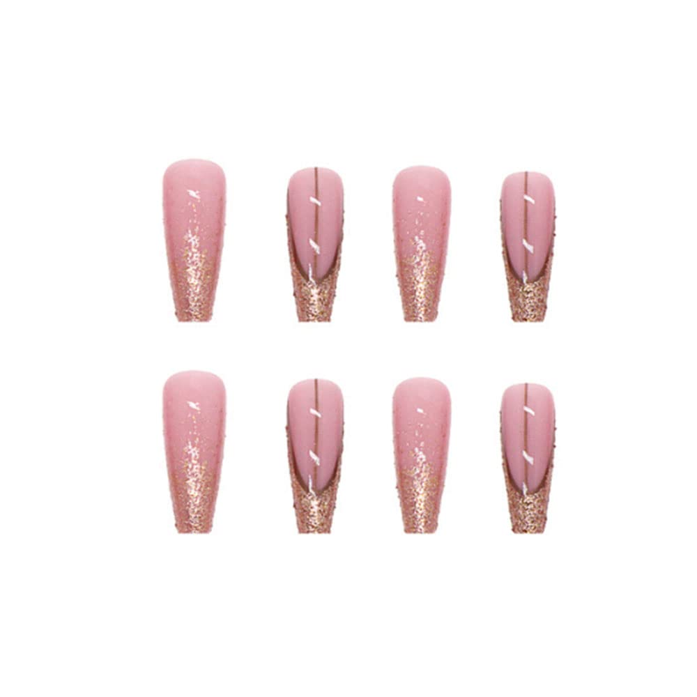 YoYoee Long Luxury False Nails Tips - Coffin Press on Nails Acrylics Full Cover Pink French Fake Nails Galaxy Nails Tips for Women and Girls 24Pcs