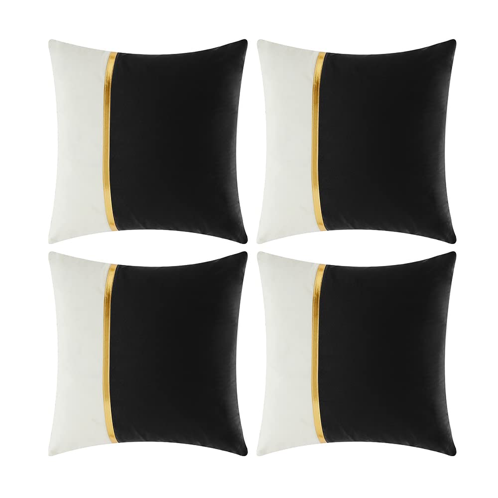 Fancy Homi 4 Packs Black Decorative Throw Pillow Covers 18x18 Inch for Living Room Couch Bed Sofa, Black and White Velvet Patchwork with Gold Leather, Luxury Home Decor Square Cushion Case 45x45 cm