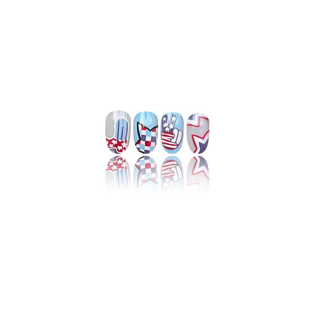 24Pcs Cute Independence Day Press on Nails Short Oval Fake Nails Red Blue Two Colors False Nails Star Letter Design Stick on Nails Full Cover Acrylic Glue on Nails for Women