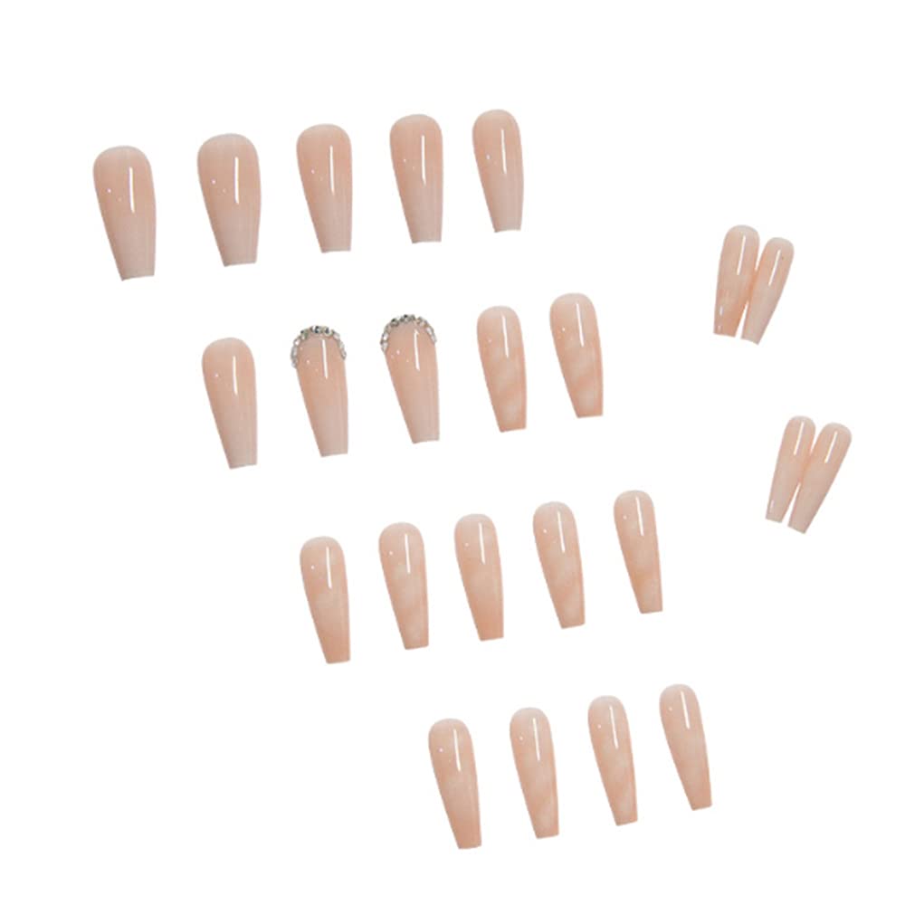 YoYoee Nude Press On Nails Long Coffin Fake Nails Gradient Acrylic False Nails Marble Nails for Wonen and Girls (24 PCS)