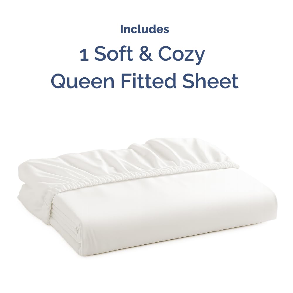 Queen Fitted Bed Sheet - Bottom Single Fitted Sheet Only - Ultra-Soft Hotel Luxury Bedding w/ 8-16 Inch Deep Pockets - Breathable & Wrinkle Free - Easy-Care, Fade & Shrink Resistant - Antique White