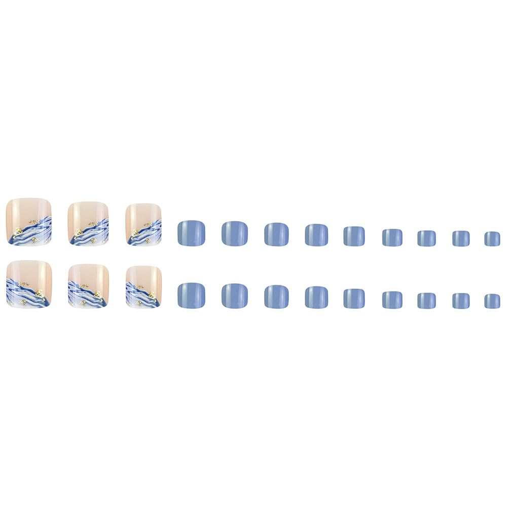 Square Fake Toenails Summer Glossy Blue White Gradient Press on Toenails Gold Foil Short Acrylic Toes Nails with Sea Wave Designs Light Blue Artificial Beach Full Cover Toenail for Women Girls 24 Pcs