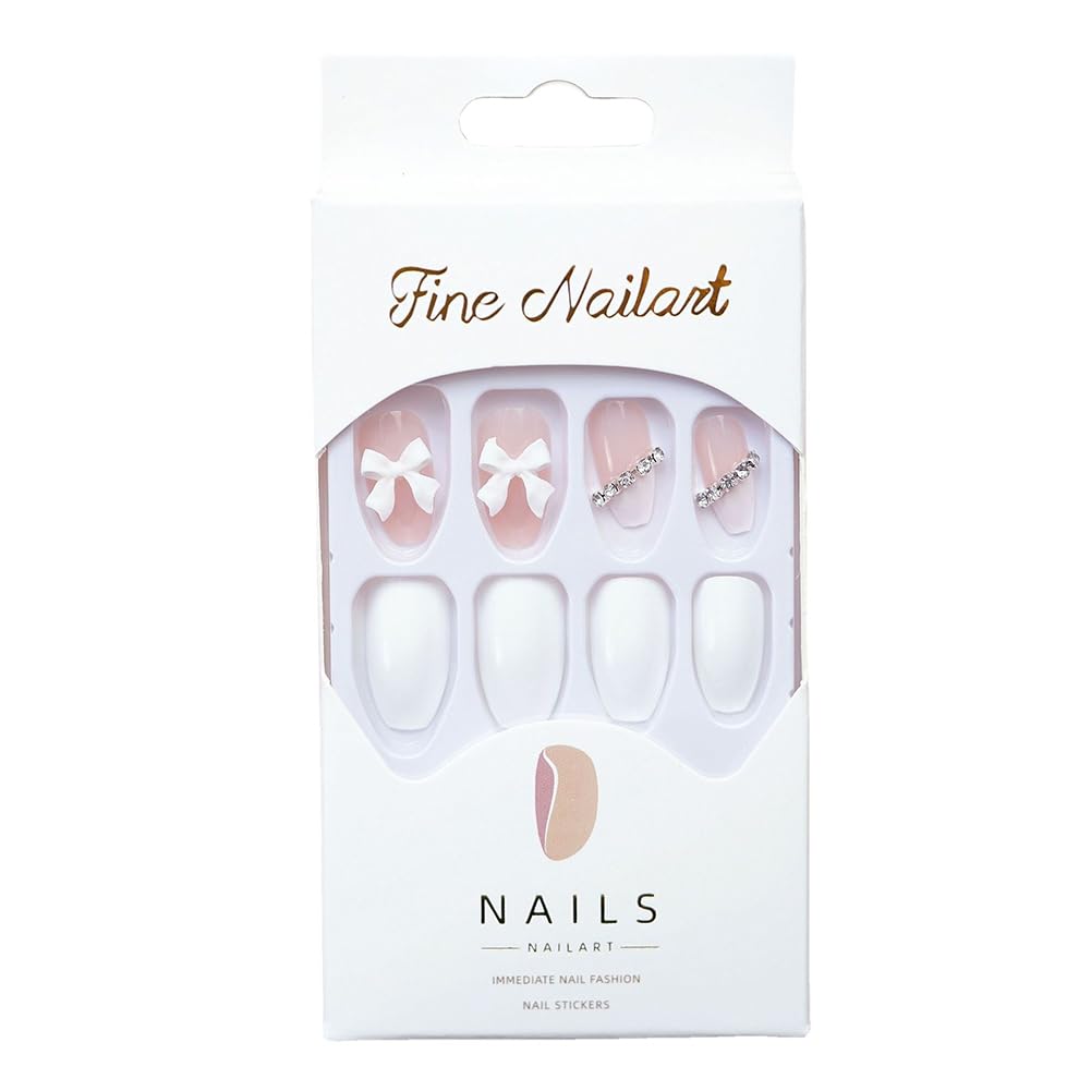 Hrnsnails Long Press On Nails Coffin White Fake Nails with Rhinestones and Bow Charm Nail Press Ons Design, Artificial False Nails Press On Nail Kit Stick On Nails for Women