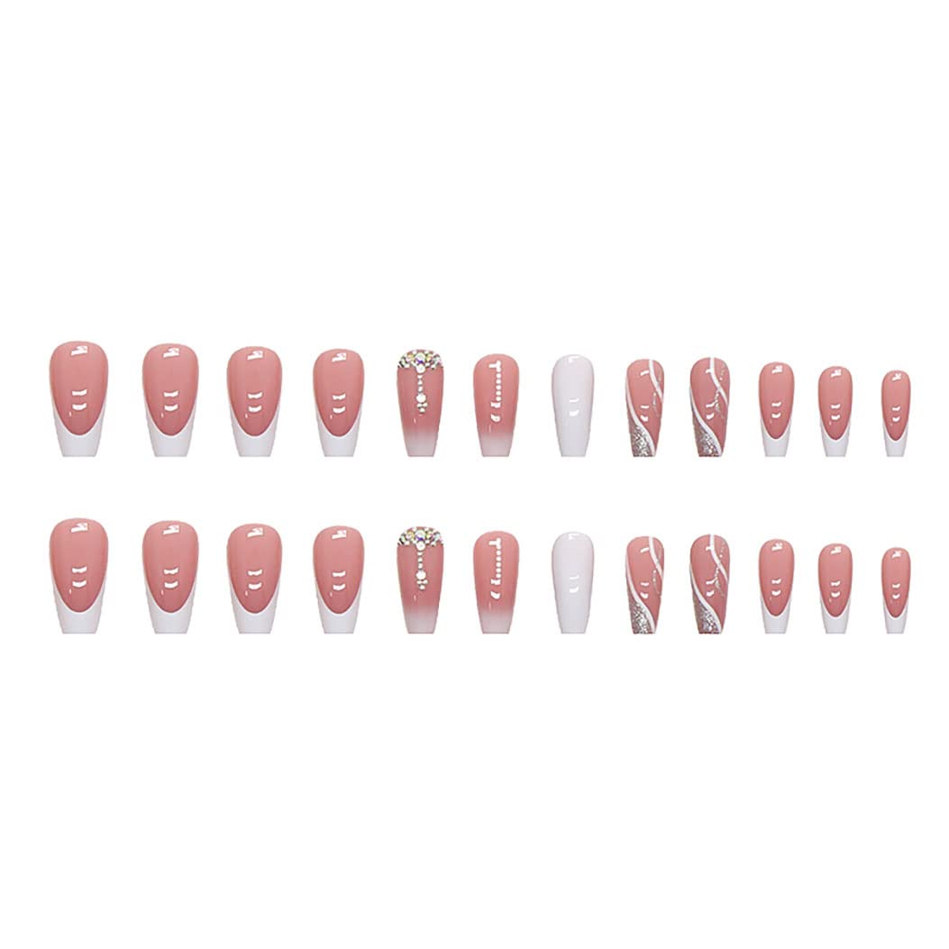 RikView Brand White Long Coffin Acrylic Press-on Nails, 24 PCS Ballerina Shaped, Glossy Finish, Full Well Tips, French Tips for Women and Girls