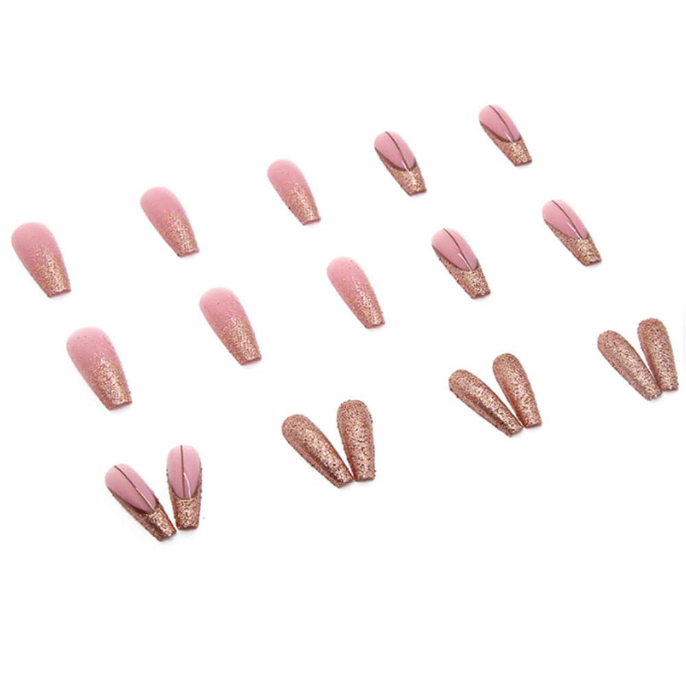 YoYoee Long Luxury False Nails Tips - Coffin Press on Nails Acrylics Full Cover Pink French Fake Nails Galaxy Nails Tips for Women and Girls 24Pcs