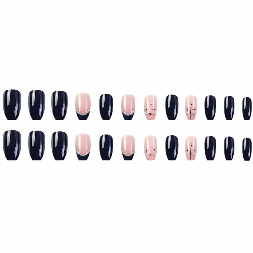 Foccna Coffin False Press on Nails Black Acrylic Fake Nails for Girl Full Cover Wear Finger Glossy Nail Bling Design Art Tips for Women and Girls 24 pcs