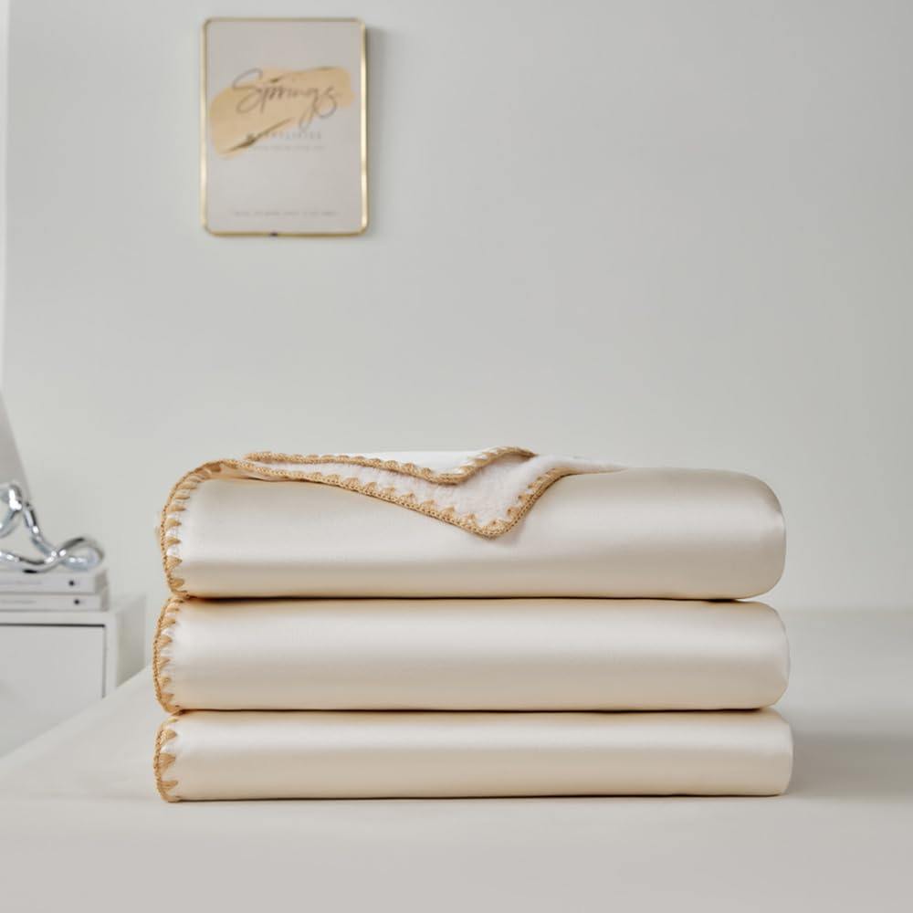 Double-Sided Usable,Ice Silk &Faux Fur Cooling Blanket,Lightweight,Soft Throw Blanket,Ideal for Couch and Bed,Suitable for All Seasons, for Women,Men (Beige&Apricot, 50 * 60)