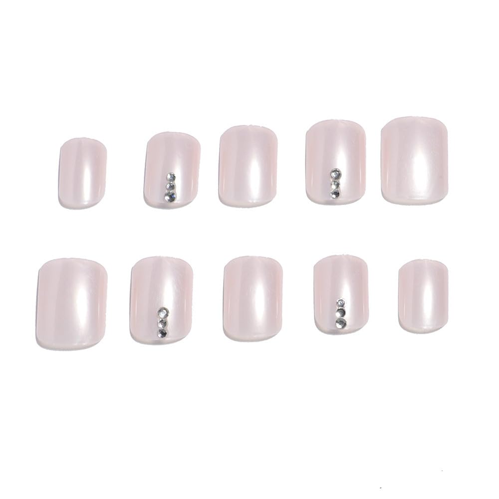 TOGZOM White Press on Nails Short Square With Designs - Glossy False Acrylic Nails, Solid Color Rhinestones, Glue on Full Set - Pink Stick on for Women Girls 24 Pcs
