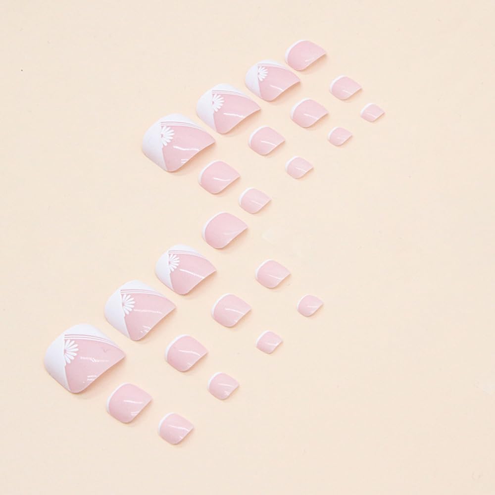24Pcs French Tip Press On Short Square Coffin Full Cover Reusable Toenails With Glue Stick - White Daisy Designs Acrylic Summer False Toe Static Nails for Women