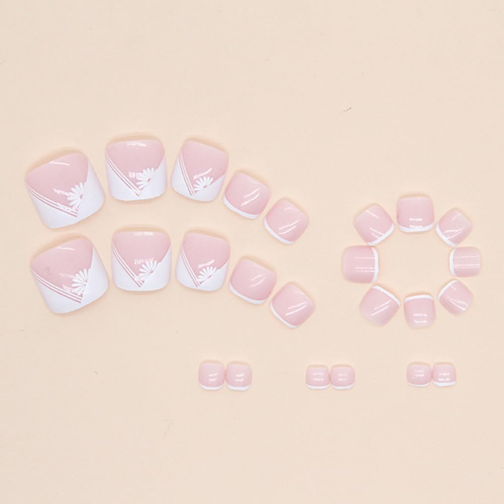 24Pcs French Tip Press On Short Square Coffin Full Cover Reusable Toenails With Glue Stick - White Daisy Designs Acrylic Summer False Toe Static Nails for Women