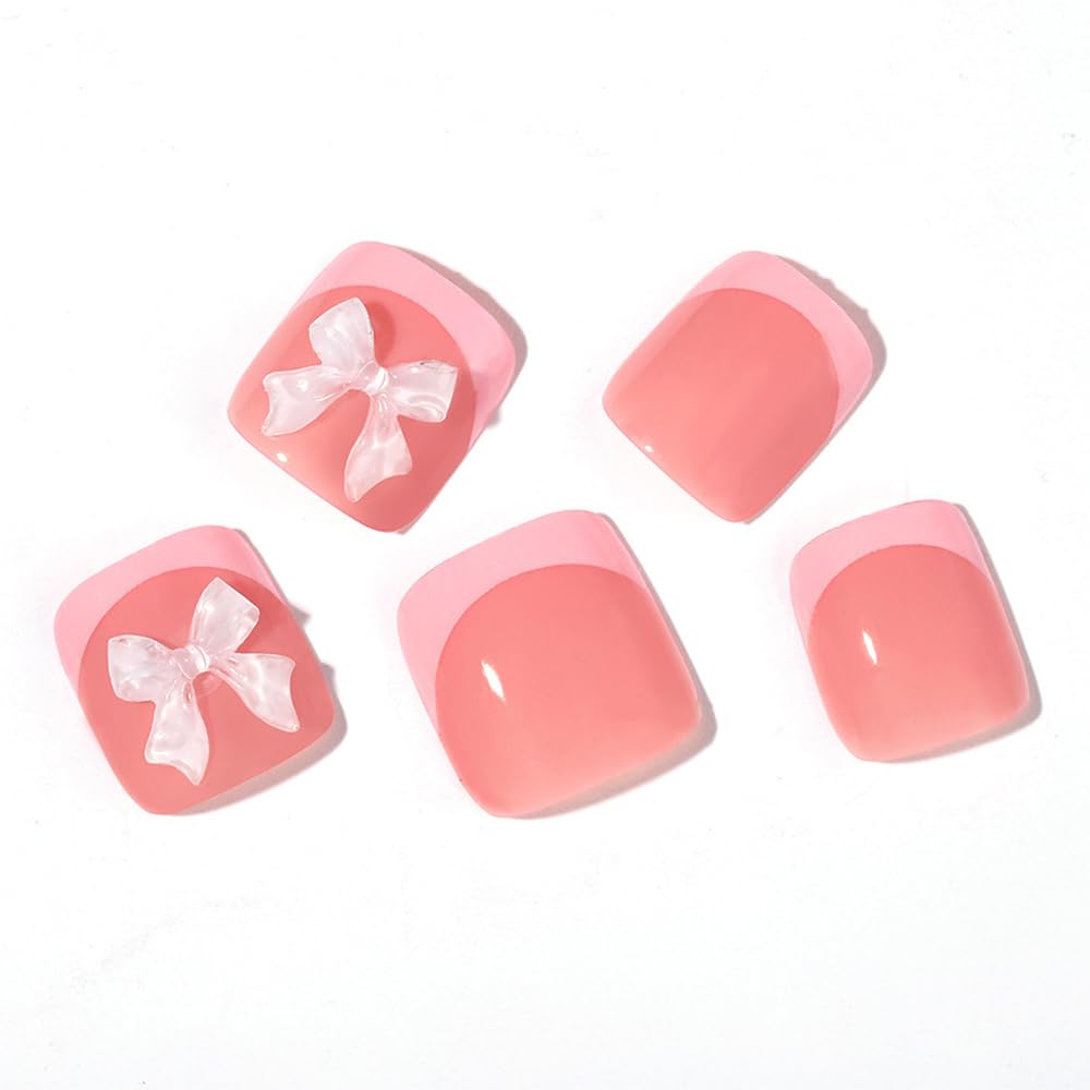 24Pcs Pink French Tip Press on Toenails Full Cover Short False Toenails with 3D Bow Charms Design Glossy Square Acrylic Toenails Pink Toe Nail Tips Glue on Toenails for Women and Girls Toenail Art