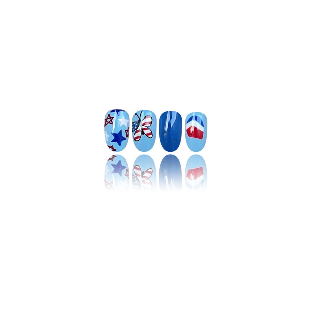 24Pcs Independence Day Blue Press on Nails Short Oval Fake Nails with Star Butterfly Flower Stick on Nails July 4th Acrylic Nail Art Reusable Glossy False Nails Full Cover Glue on Nails for Women