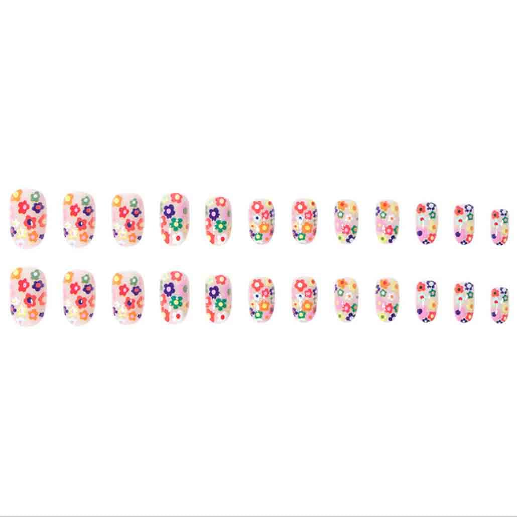 Foccna Almond Press on Nails Short Acrylic Fake Nails Flower Design Women's False Nails with Design Nail Tips for Women&Girls 24PCS