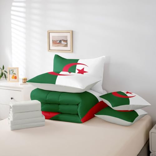 Feelyou Flag of Algeria Comforter Set King SizeAlgerian 7 Pcs Bedding for Kids and AdultsInternational Flag Boys Girls Bed in a Bag Bed Sheet Sets with Fitted Sheet Pillowcases for Bedroom Bed Decor