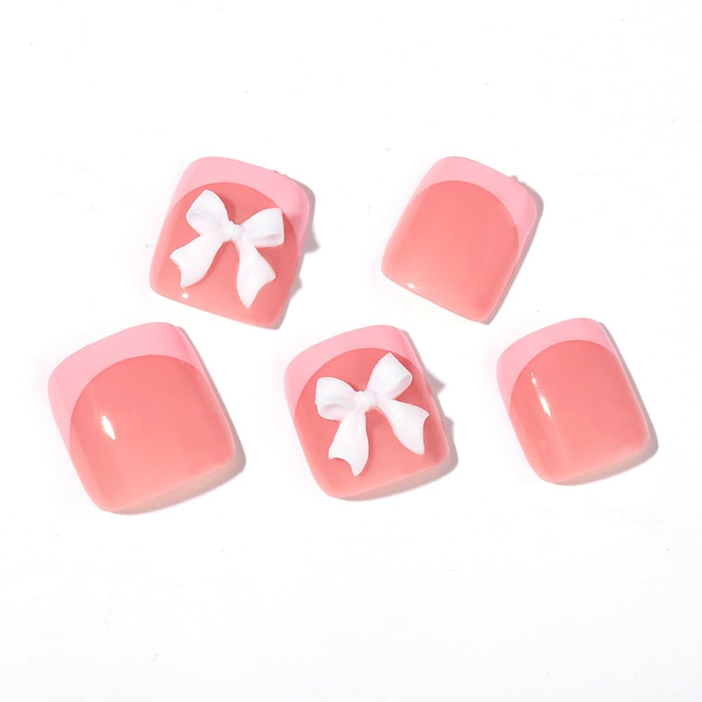 24Pcs Pink French Tip Press on Toenails Full Cover Short False Toenails with 3D Bow Charms Design Glossy Square Acrylic Toenails Diamond Toe Nail Tips Glue on Toenails for Women and Girls Toenail Art