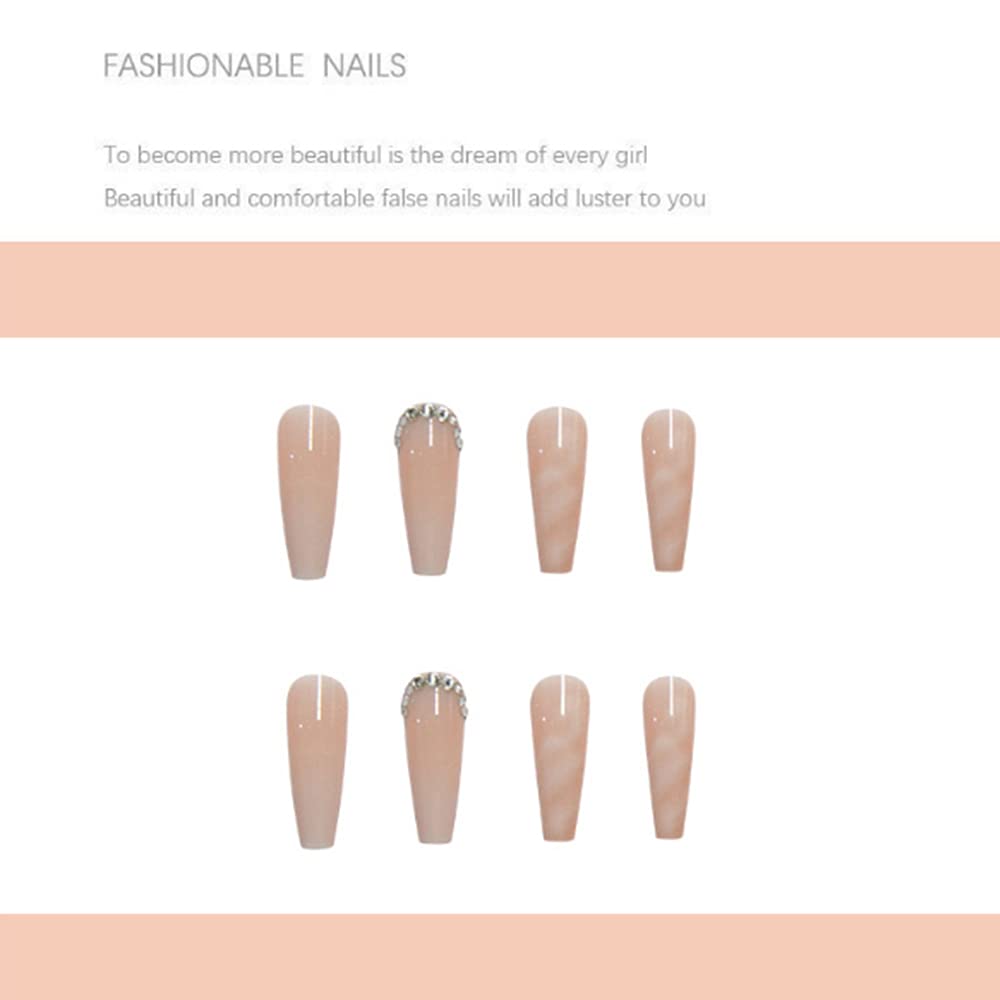 YoYoee Nude Press On Nails Long Coffin Fake Nails Gradient Acrylic False Nails Marble Nails for Wonen and Girls (24 PCS)