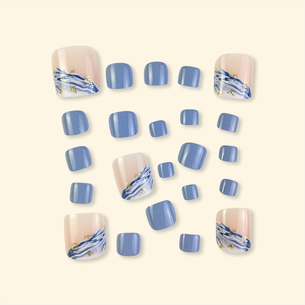Square Fake Toenails Summer Glossy Blue White Gradient Press on Toenails Gold Foil Short Acrylic Toes Nails with Sea Wave Designs Light Blue Artificial Beach Full Cover Toenail for Women Girls 24 Pcs