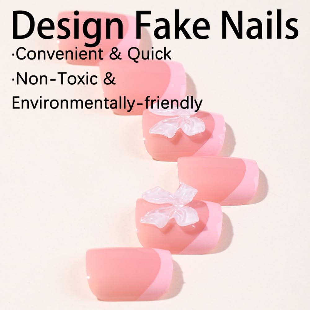 24Pcs Pink French Tip Press on Toenails Full Cover Short False Toenails with 3D Bow Charms Design Glossy Square Acrylic Toenails Pink Toe Nail Tips Glue on Toenails for Women and Girls Toenail Art