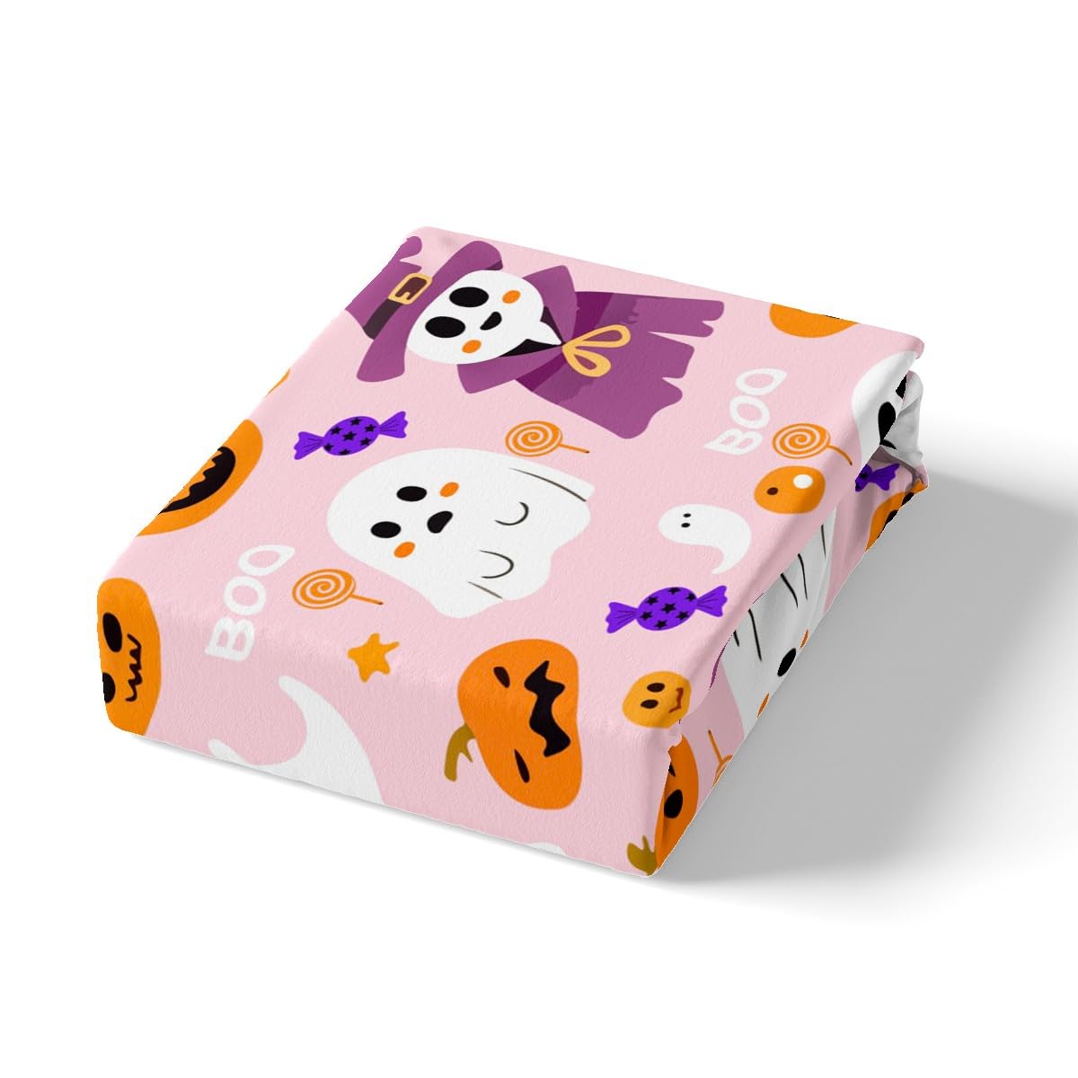 Feelyou Kids Cartoon Halloween Fitted Sheet Cute Ghost Pumpkin Sheets Set for Child Boys Girls Pink Purple Full Size Bedding Set Decoration Kawaii Bed Sheet Set Collection