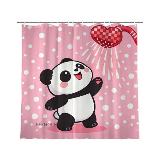 REZHOCH Cute Panda Shower Curtain 72x72Inch,Funny Cartoon Animal Pink Modern Home Bathroom Decor,Heart Showerhead Waterproof Fabric Kids Girls Farmhouse Bath Set with Hooks