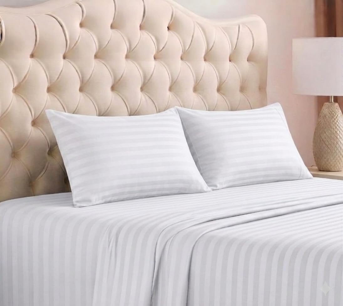 SHAC HOMES King Sheet Set 4 Piece – Oeko-TEX Certified, Soft Brushed Microfiber, Deep Pocket 8"–12", Wrinkle & Fade Resistant, Breathable Cooling Sheets, Hotel Dobby Stripe – White
