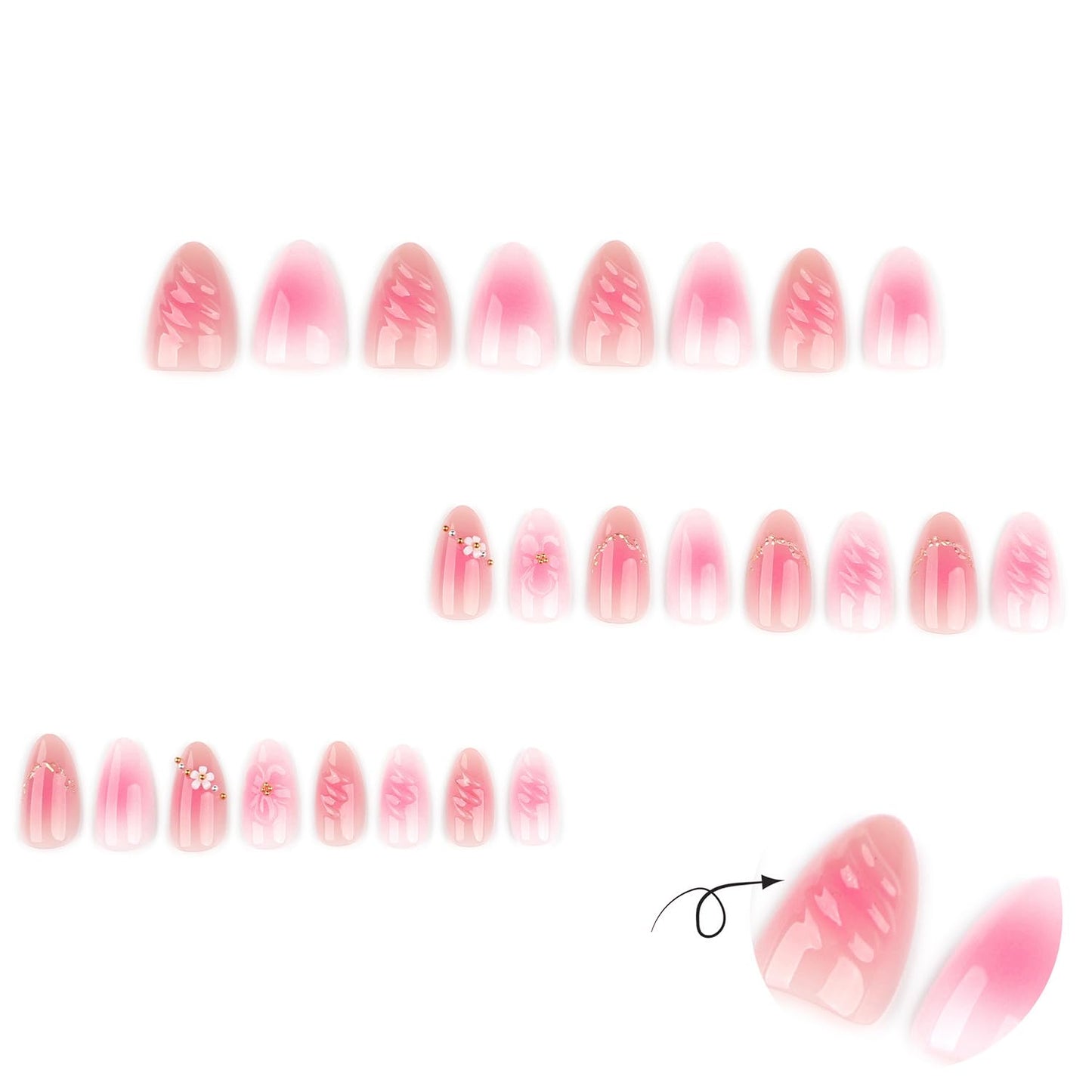 Spring Press On Nails Short Almond Fake Nails Pink 3D Flowers False Nails With Pearl Designs Acrylic Nails Press Ons Full Cover Glue On Nails Summer Glossy Stick On Nails For Women Manicure