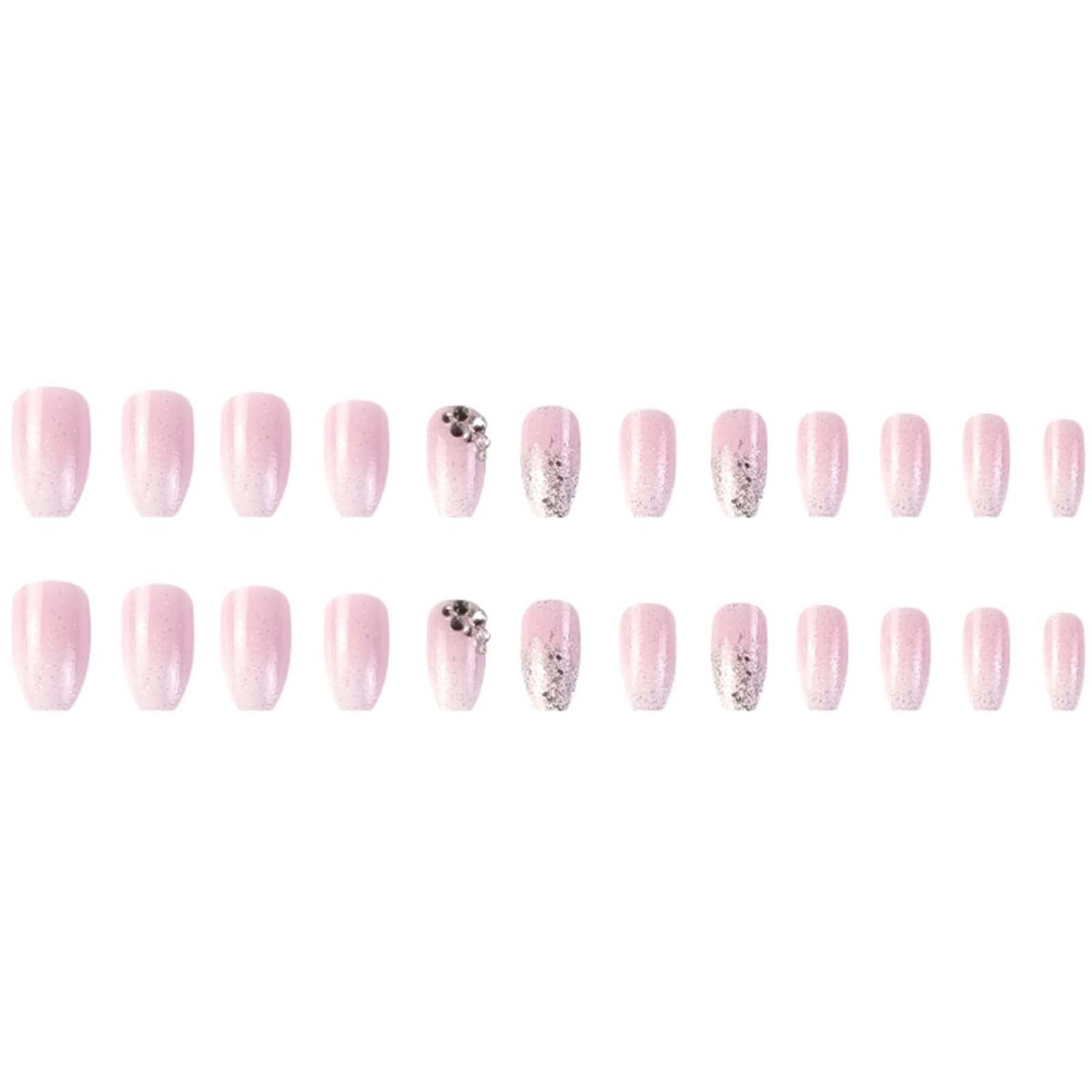 YoYoee Medium Coffin Press On Nails Crystal Gem Design Fake Nails Acrylic Gradient Bling False Nails Reusable Ballerina Stick On Nails for Women and Girls （24 PCS）
