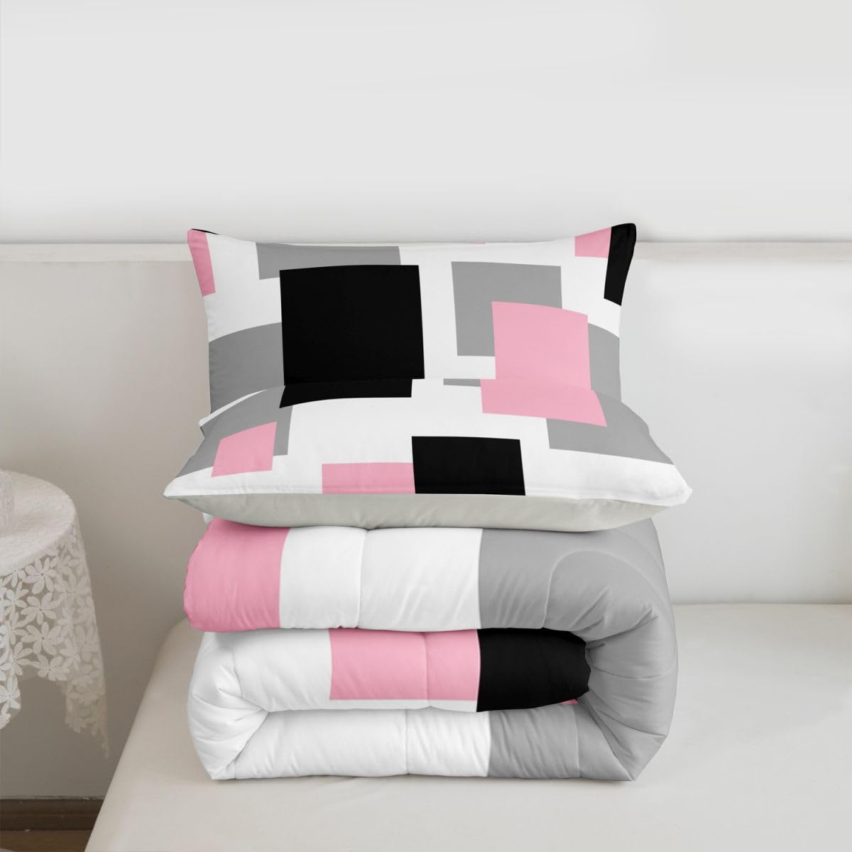 Castle Fairy Pink Black White Bed Comforter Set Queen Size,Geometric Grid Square Splicing Super Soft Microfiber Bedding Set for Kids Room Decor,Modern Abstract Comforter Set,2 Pillowcases