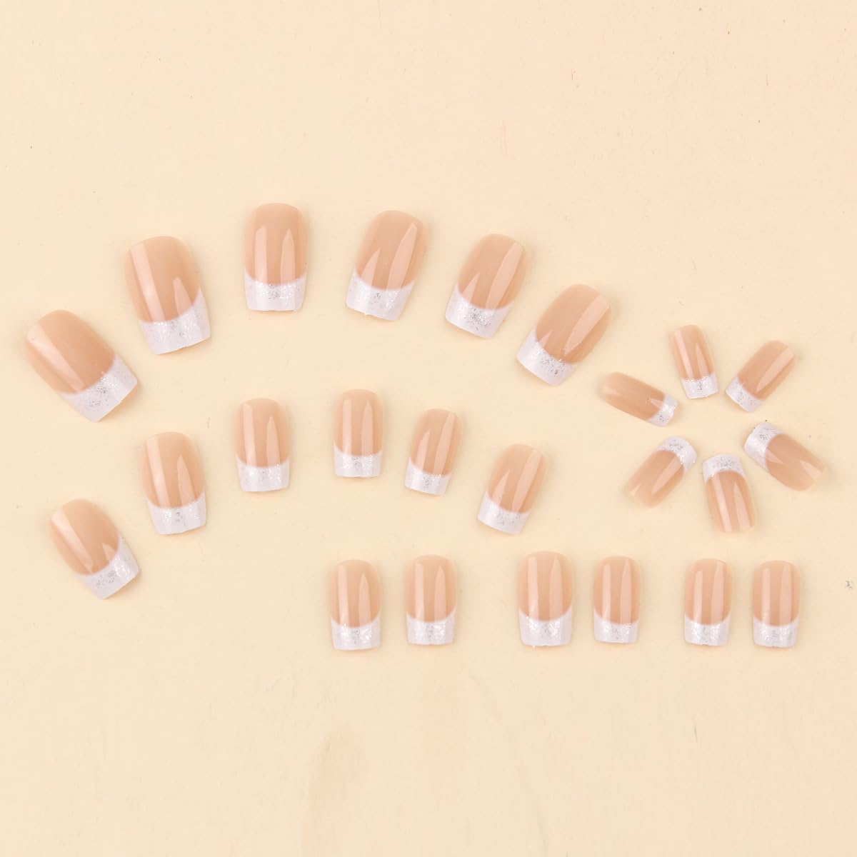 NEWSPIED 24Pcs French Tip Press On Nails Medium Square Glitter Acrylic Nails with White Gradient Design Glossy False Nails Reusable Nude Stick On Nails for Women Manicure Decor Supplies