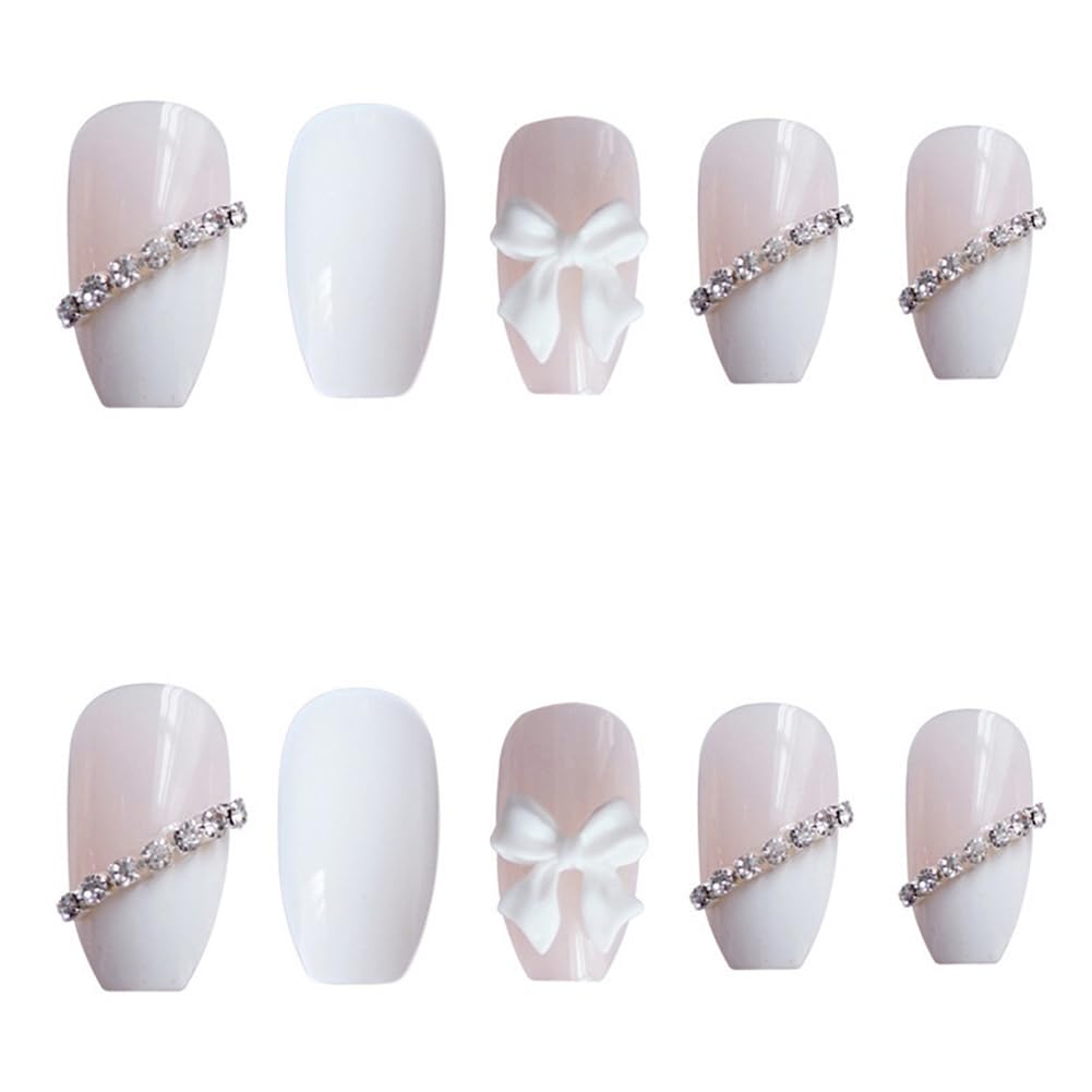 Hrnsnails Long Press On Nails Coffin White Fake Nails with Rhinestones and Bow Charm Nail Press Ons Design, Artificial False Nails Press On Nail Kit Stick On Nails for Women