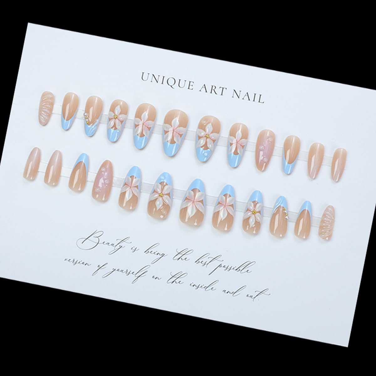 24Pcs Blue French Tip Press on Nails Almond Medium Fake Nails 3D Flower False Nail with Designs Full Cover Embossed Flower Nails Press ons Spring Summer Acrylic Nail for Women DIY Manicure Decoration