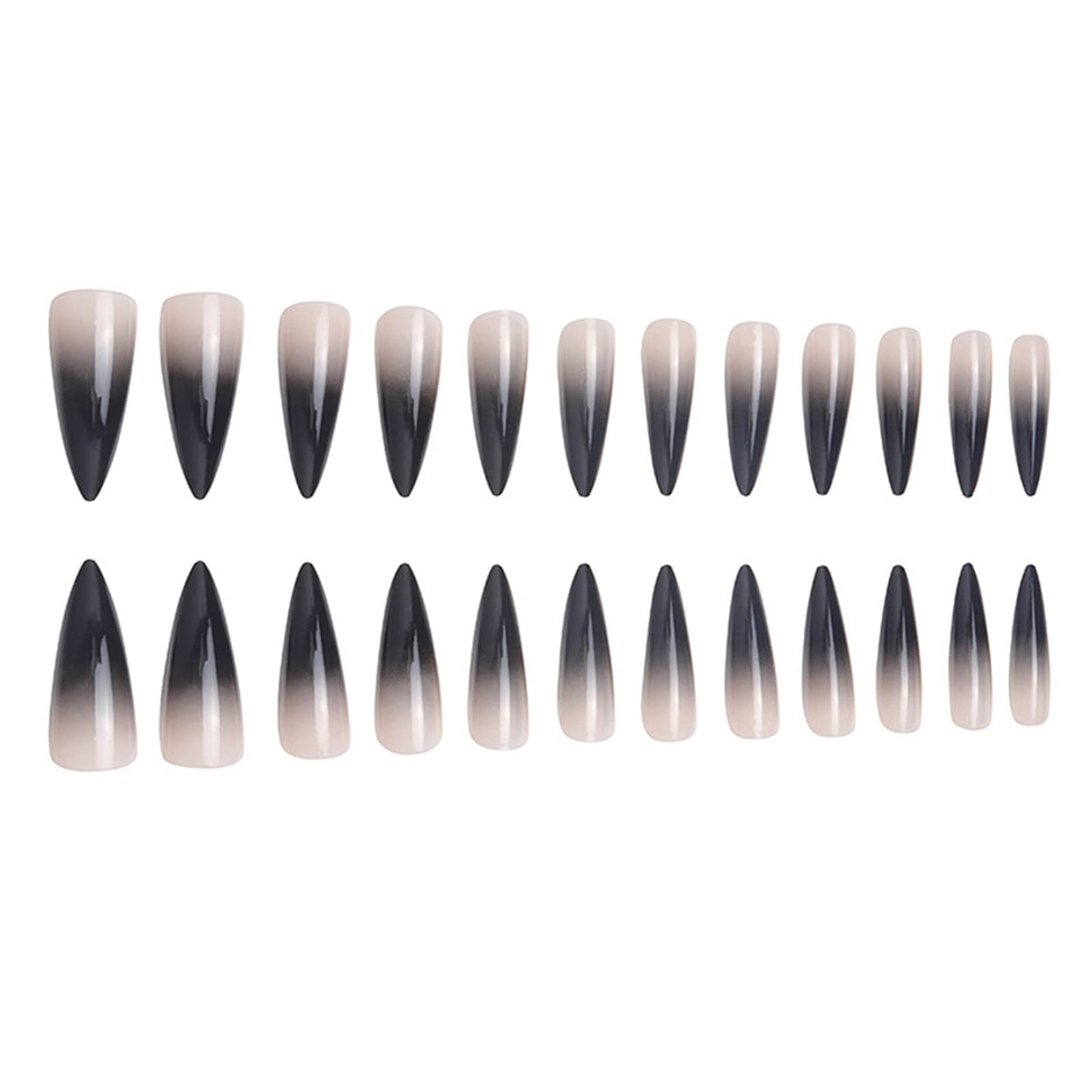 SINHOT Stiletto Press on Nails Extra Long Fake Nails with Glue Glossy False Nails with Black Gradient Designs Full Cover Almond Acrylic Nail 24pcs