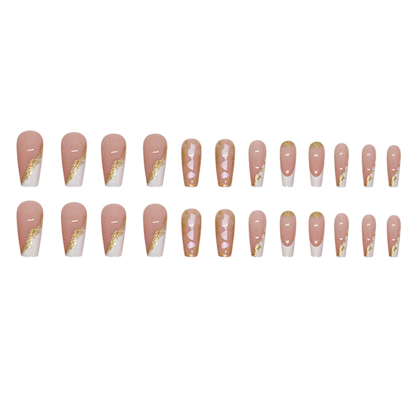 Medium Square Press On Gold Foil False Nails - French Tip, White Tip, Glitter Acrylic - 24 Pcs