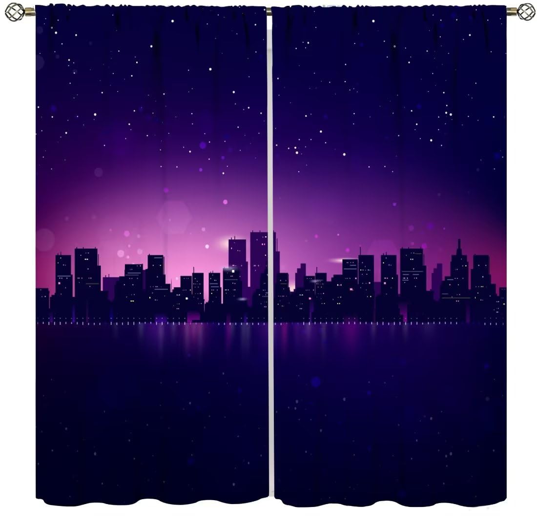 DDCBNS City Skyline Blackout Curtains,Midnight Cityscape Purple Urban Starry Sky Printed Curtains for Bedroom Living Room,Window Drapes 2 Panel Set for Kitchen Décor,Total Size 42" x 45"