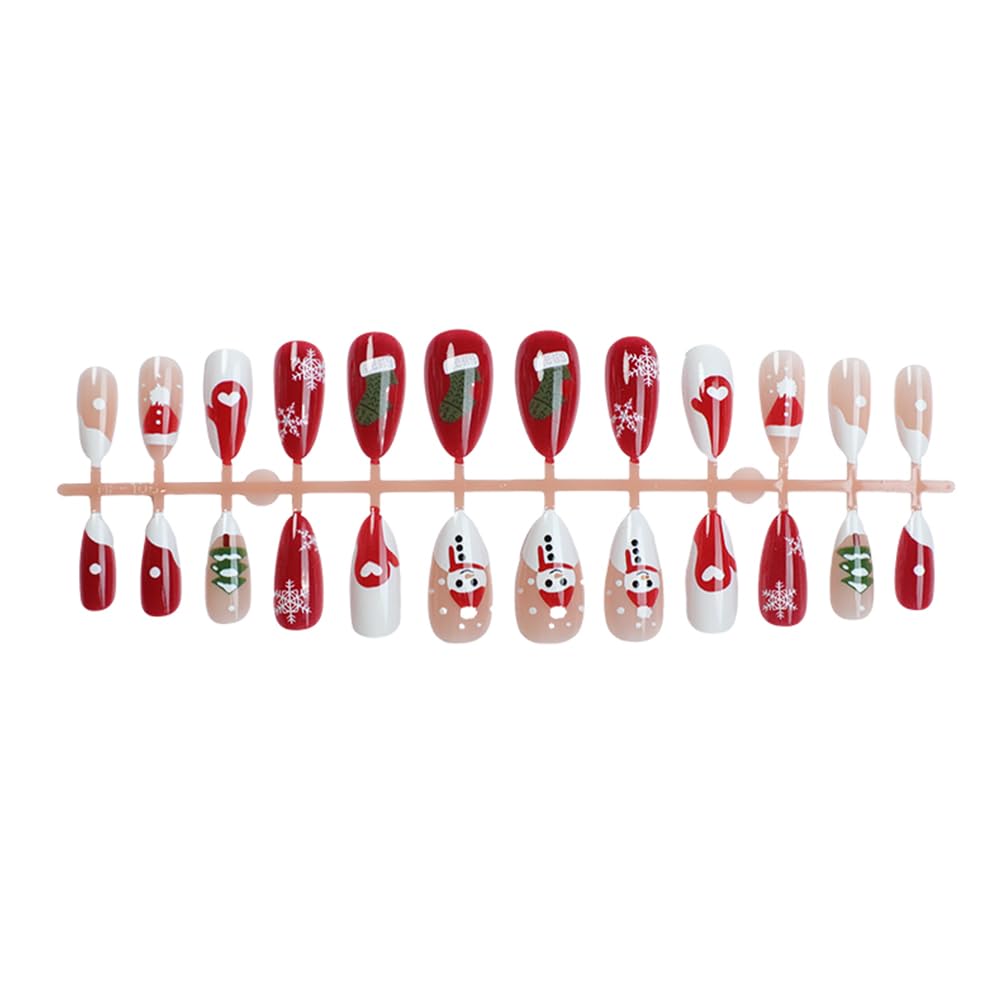 Christmas Press On Nails - Almond Shaped Press On Nails Medium Fake Nails With Snowman Snowflake Socks Heart Designs Acrylic Artificial Glue On False Nail Press Ons Stick On Nails For Women