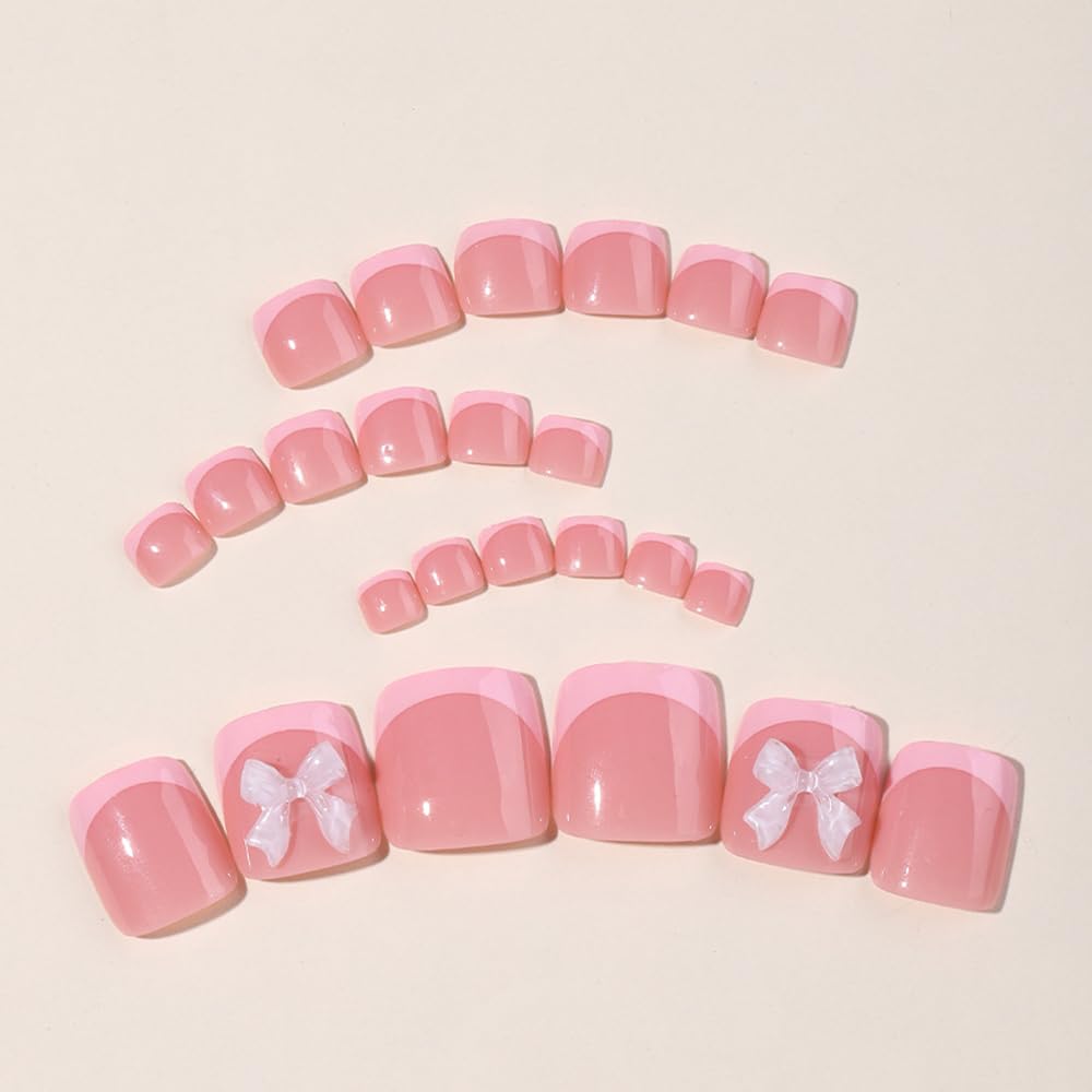 24Pcs Pink French Tip Press on Toenails Full Cover Short False Toenails with 3D Bow Charms Design Glossy Square Acrylic Toenails Pink Toe Nail Tips Glue on Toenails for Women and Girls Toenail Art