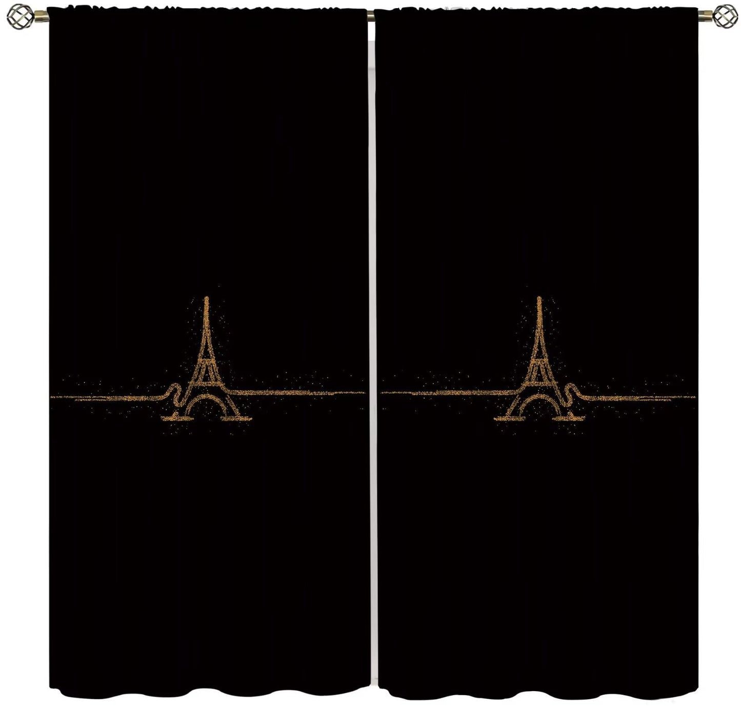Fblifil Simple Luxury Eiffel Tower Curtain Black Background, Gold Eiffel Tower, Exquisite Home French Romantic Printed Rod Pocket Window Treatments for Bedroom Living Room Decor 42" W X 45" L