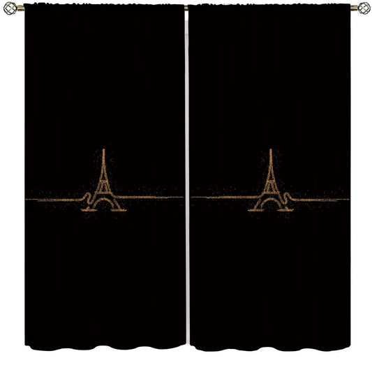 Fblifil Simple Luxury Eiffel Tower Curtain Black Background, Gold Eiffel Tower, Exquisite Home French Romantic Printed Rod Pocket Window Treatments for Bedroom Living Room Decor 42" W X 45" L