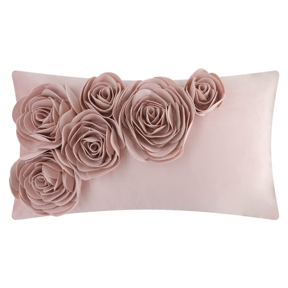 JWH 3D Flower Throw Pillow Cover Decorative Handmade Floral Pillow Case Soft Velvet Pillowcase Lumbar Cushion for Bed Living Room Chair Couch Decor Shams 12x20 Inch Rose Gold