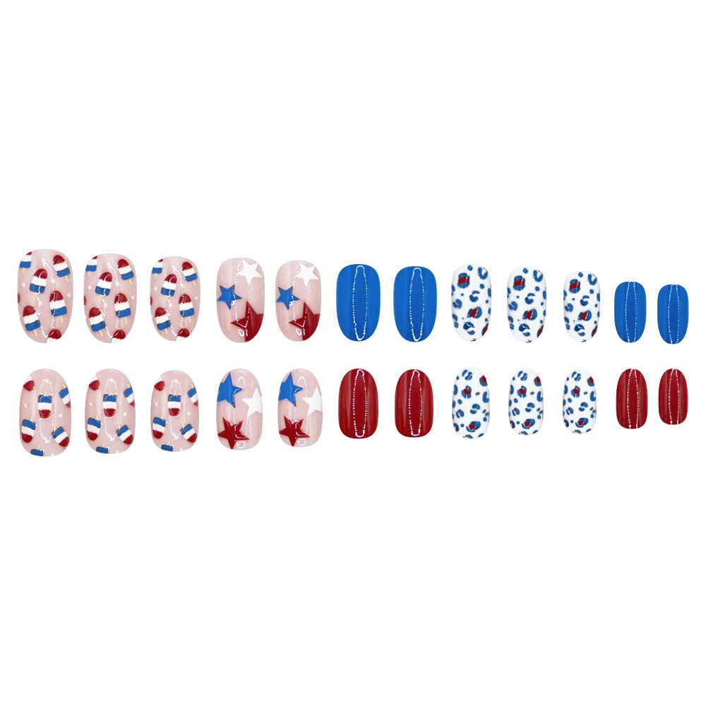 24Pcs Independence Day Press on Nails Short Oval Fake Nails Cute Design Red & Blue Style Acrylic Stick on Nails Star Reusable Glossy Full Cover Glue on Nails for Women 4th of July Manicure Decorations