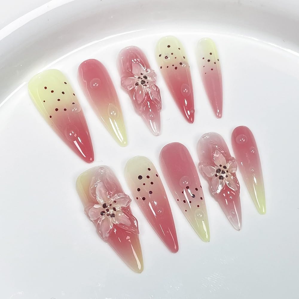 Handmade Press on Nails Long Stiletto Fake Nails French Tip Leopard print with 3D Flower Designs Pink Glossy Cute Acrylic Nails for Women 10pcs (Size M）
